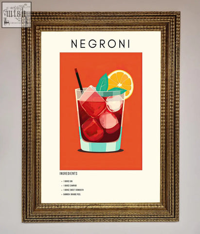 A negroni framed wall art featuring a vibrant negroni cocktail illustration with ice orange and mint on red background