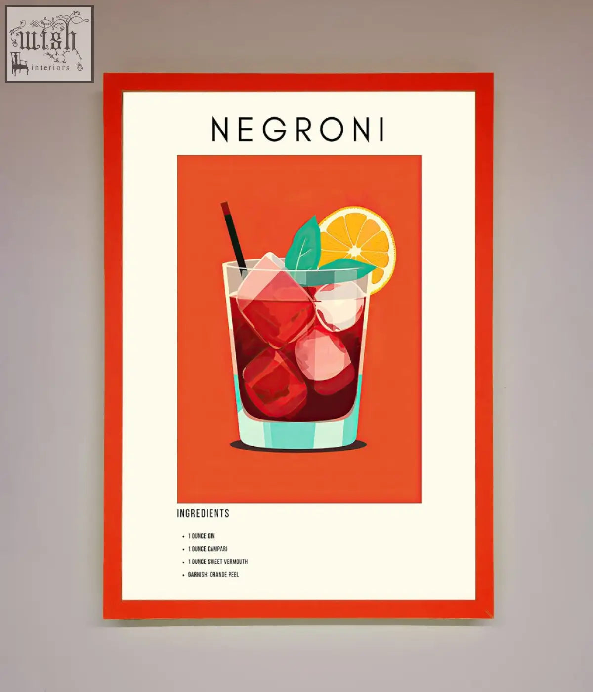 Red-framed negroni framed wall art featuring a stylized negroni cocktail with ice orange slice and mint leaf