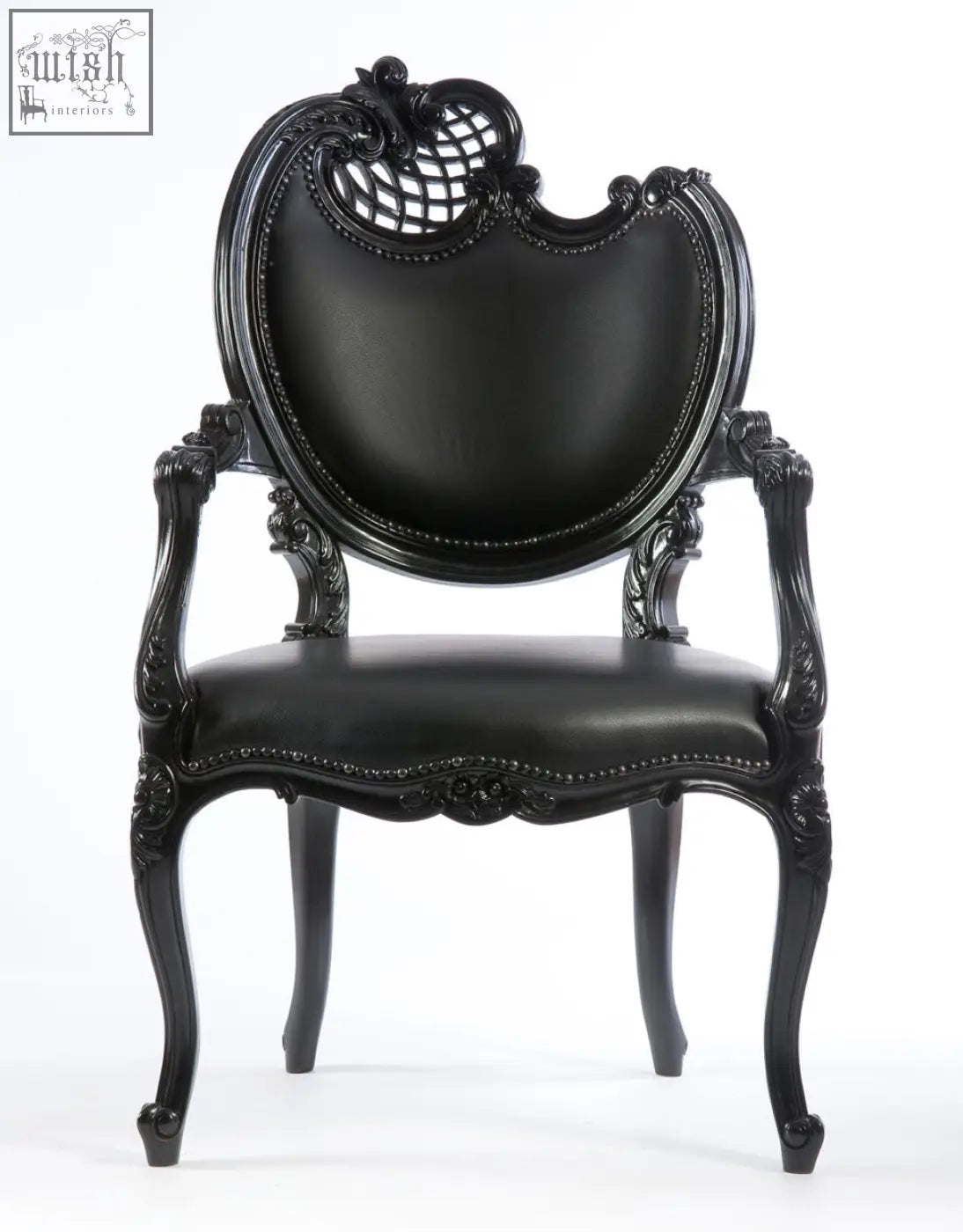 Neo Rococo arm chair elegant black leather with ornate carved wooden frame and decorative lattice detailing