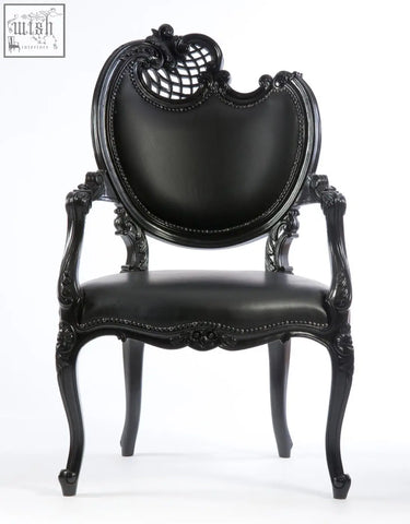 Neo Rococo arm chair elegant black leather with ornate carved wooden frame and decorative lattice detailing