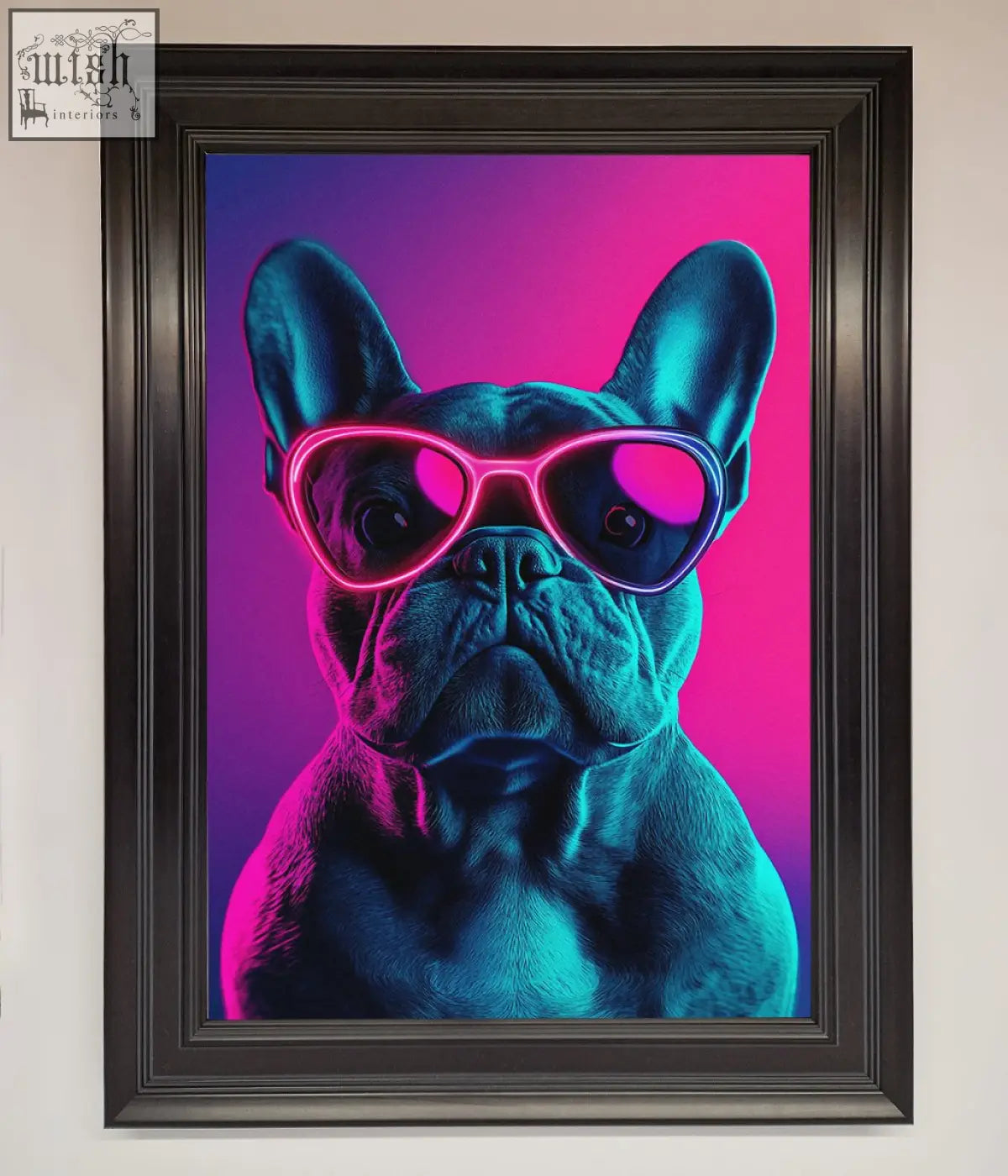 A neon french bulldog framed wall art featuring a french bulldog wearing pink and purple heart sunglasses on vibrant background