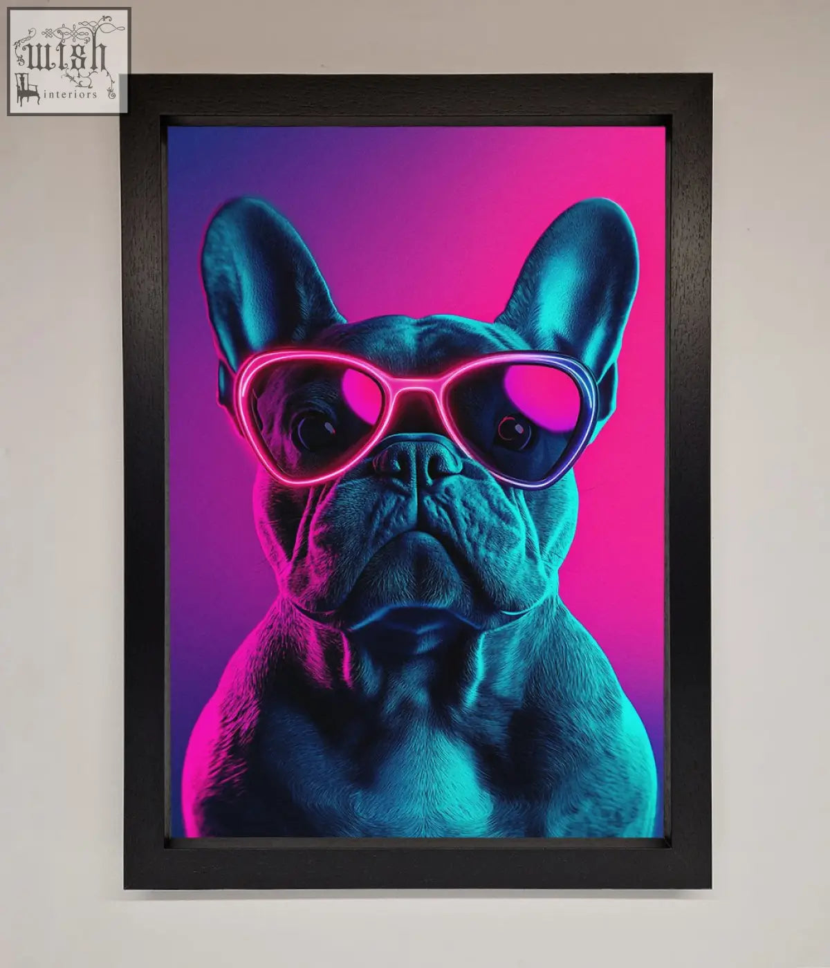 A framed neon french bulldog wall art featuring a french bulldog with pink sunglasses on a purple magenta background