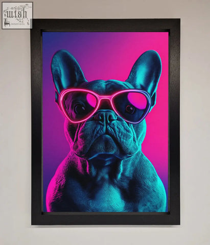A framed neon french bulldog wall art featuring a french bulldog with pink sunglasses on a purple magenta background