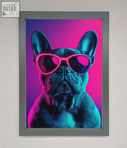 Neon french bulldog framed wall art featuring a french bulldog with pink heart sunglasses on a purple gradient background