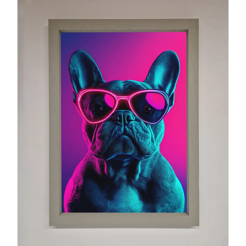 Neon French Bulldog Framed Wall Art - A3 (29.7 x 42 cm) / Grey - Framed Print
