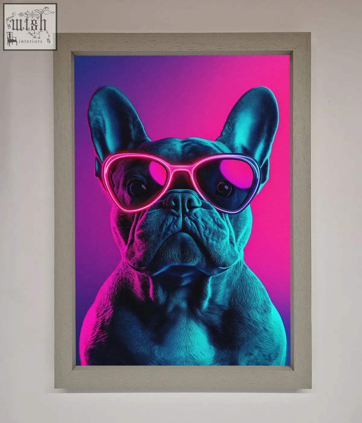 A neon french bulldog framed wall art featuring a french bulldog with pink heart sunglasses on a vibrant purple background