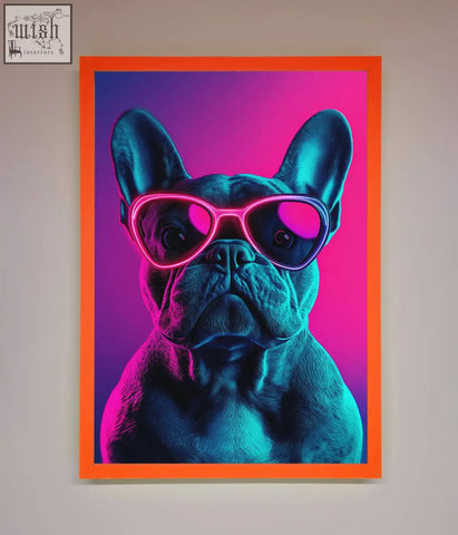 Neon french bulldog wall art featuring a vibrant pink and cyan french bulldog framed poster with glowing sunglasses