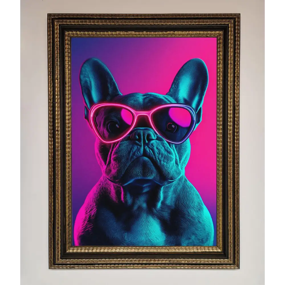 Neon French Bulldog Framed Wall Art - A3 (29.7 x 42 cm) / Ornate Gold Black - Framed Print