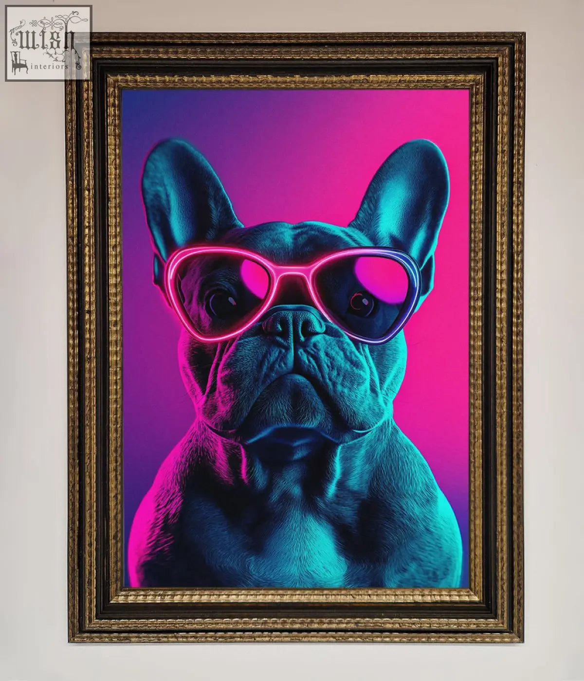 Neon french bulldog framed wall art featuring a neon pink french bulldog with glowing sunglasses in a gold frame