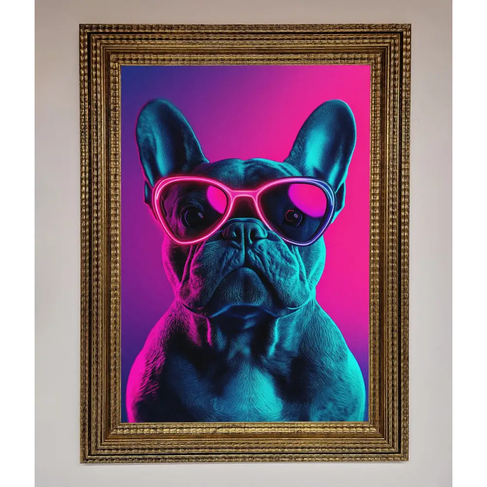 Neon French Bulldog Framed Wall Art - A3 (29.7 x 42 cm) / Ornate Gold - Framed Print