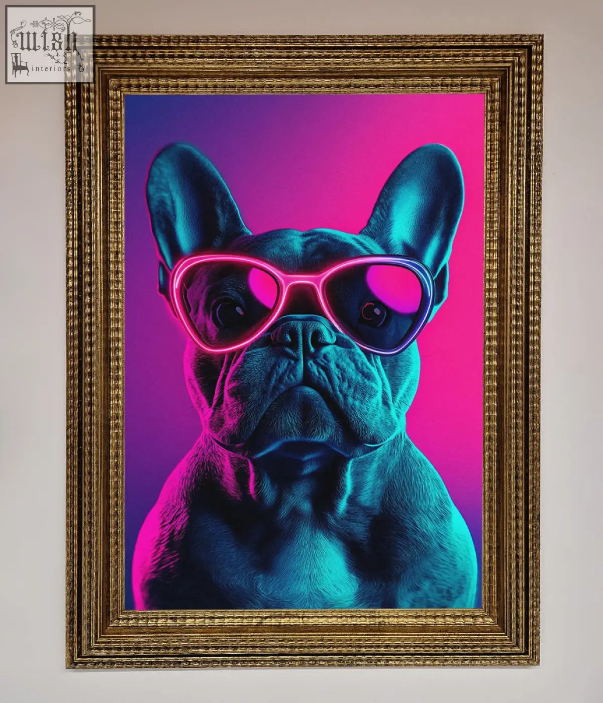 Neon french bulldog wall art featuring a neon pink framed portrait of a french bulldog with sunglasses in a gold frame