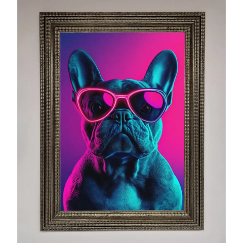 Neon French Bulldog Framed Wall Art - A3 (29.7 x 42 cm) / Ornate Silver - Framed Print