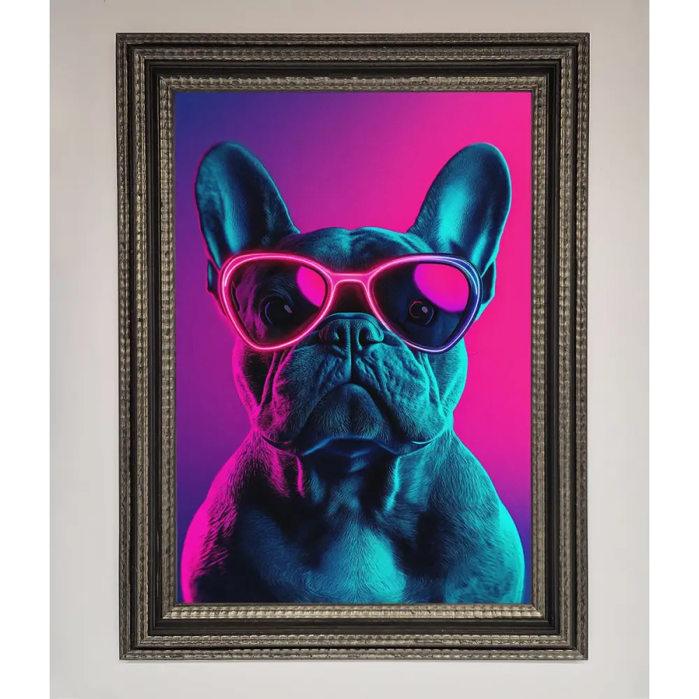 Neon French Bulldog Framed Wall Art - A3 (29.7 x 42 cm) / Ornate Silver Black - Framed Print
