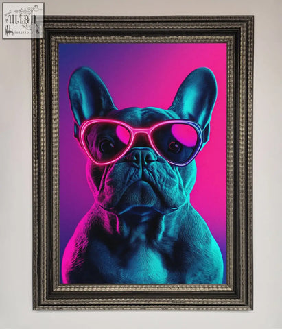 A french bulldog framed wall art featuring a neon french bulldog with pink sunglasses on a vibrant purple background