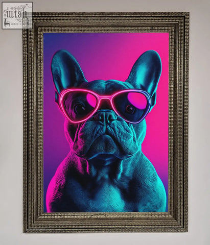 A neon french bulldog framed wall art featuring a french bulldog with pink heart sunglasses on a purple background