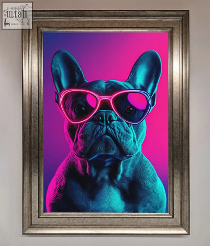 Neon french bulldog framed wall art featuring a french bulldog with glowing pink sunglasses on a purple magenta background