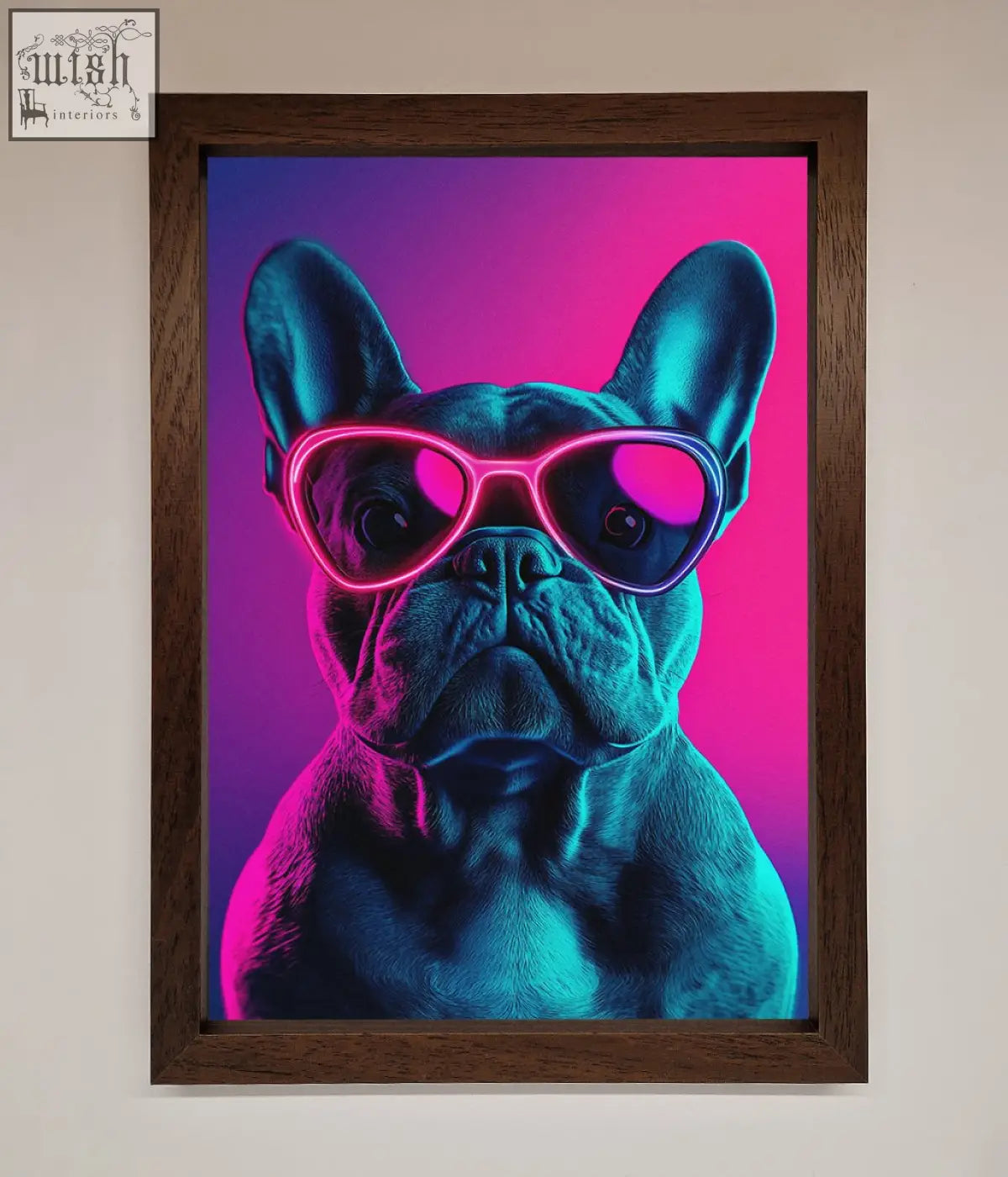 Neon french bulldog wall art featuring a french bulldog with neon pink sunglasses in a dark wood frame