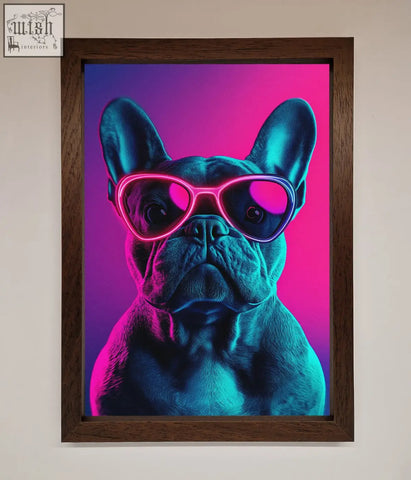 Neon french bulldog wall art featuring a french bulldog with neon pink sunglasses in a dark wood frame