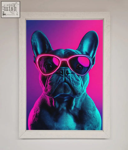 A framed neon french bulldog wall art featuring a french bulldog in glowing pink sunglasses on a purple magenta background