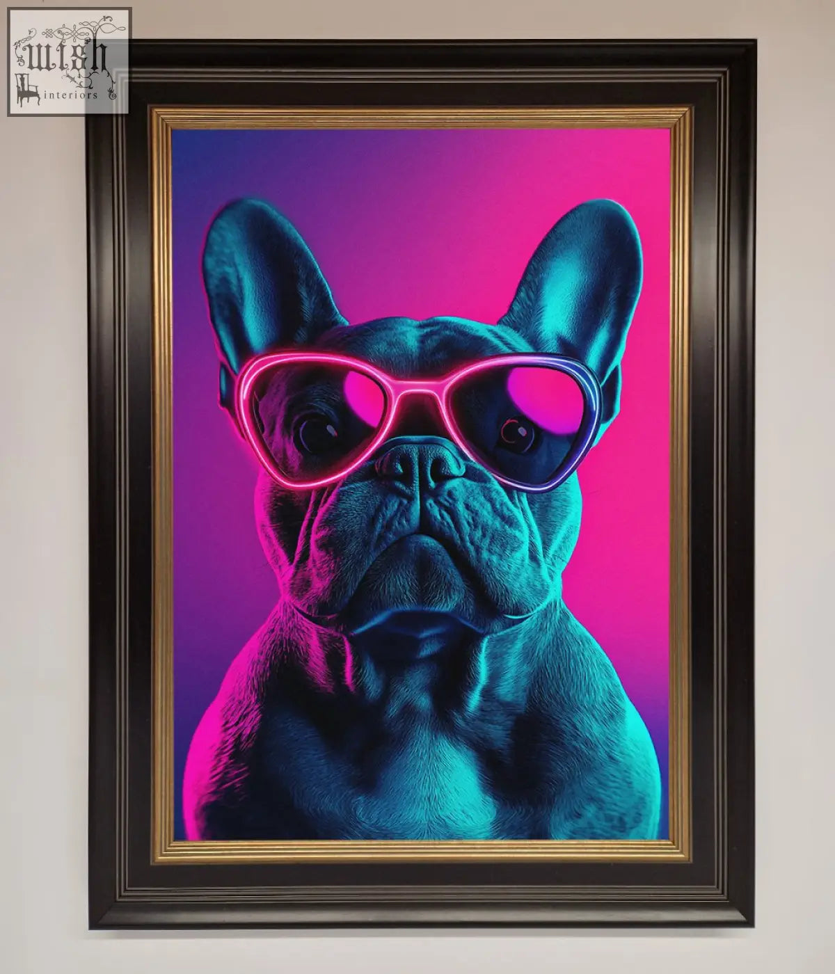 A french bulldog framed wall art featuring a neon french bulldog with pink heart sunglasses on a purple background