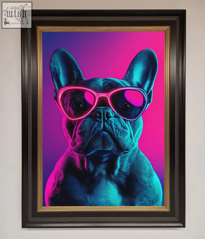 A french bulldog framed wall art featuring a neon french bulldog with pink heart sunglasses on a purple background