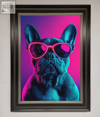 Neon french bulldog wall art featuring a french bulldog with neon pink sunglasses in a black and gold frame