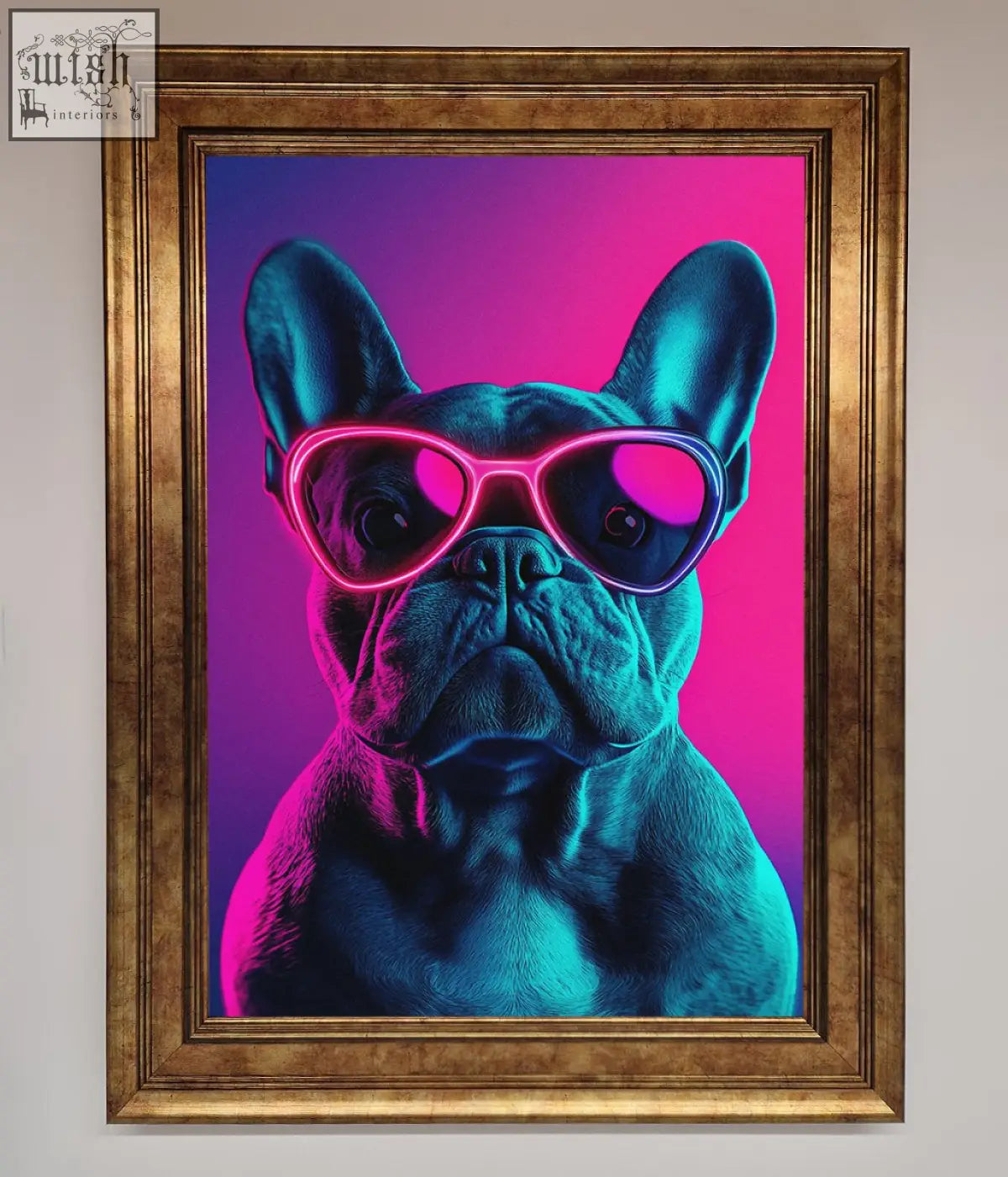 A neon french bulldog framed wall art featuring a french bulldog wearing neon pink sunglasses on a purple background