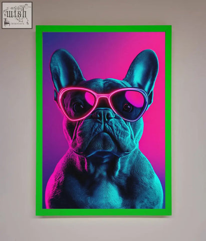 A neon french bulldog framed wall art showing a french bulldog with glowing pink heart sunglasses on a purple magenta background