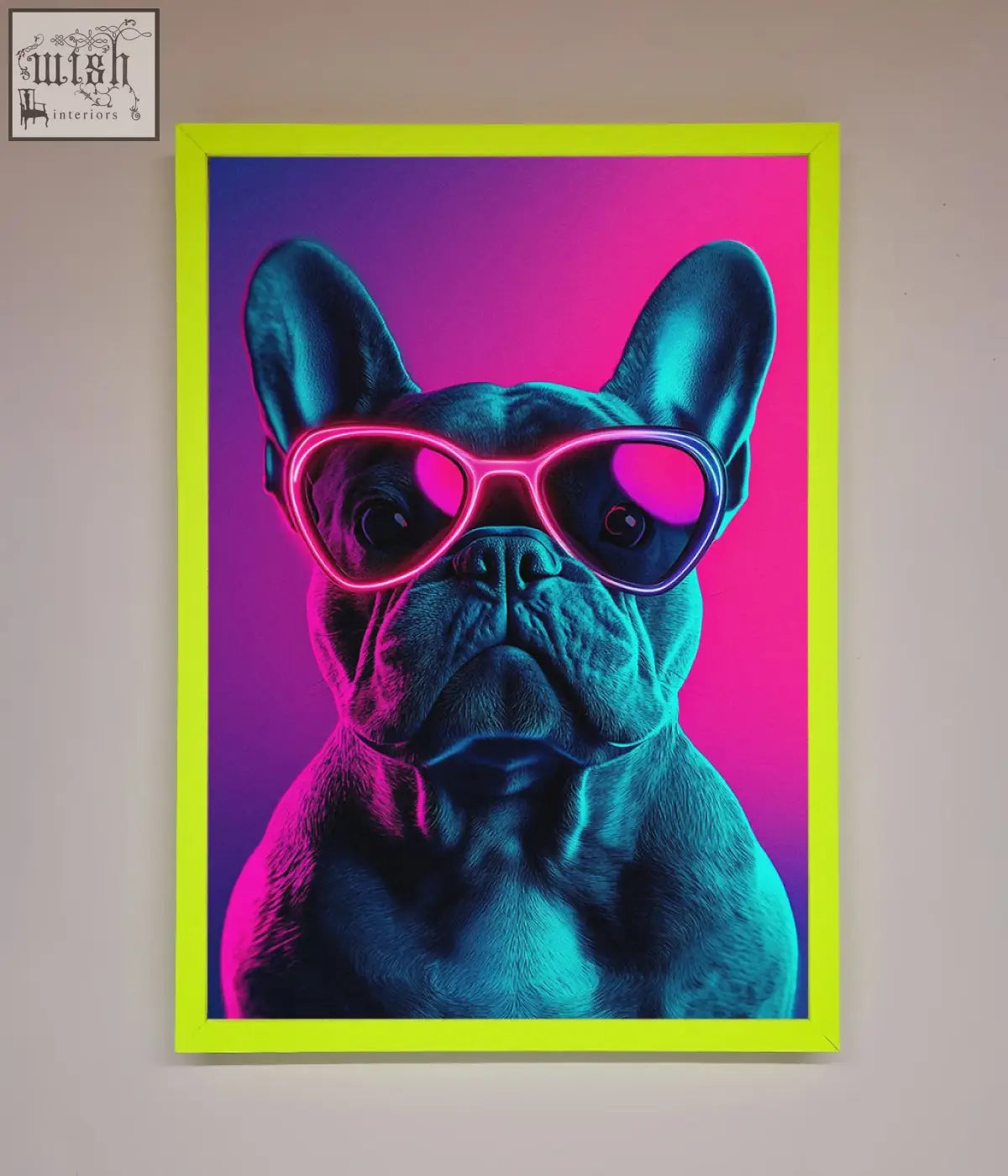 A vibrant neon french bulldog framed wall art with glowing pink sunglasses on a purple and magenta gradient background