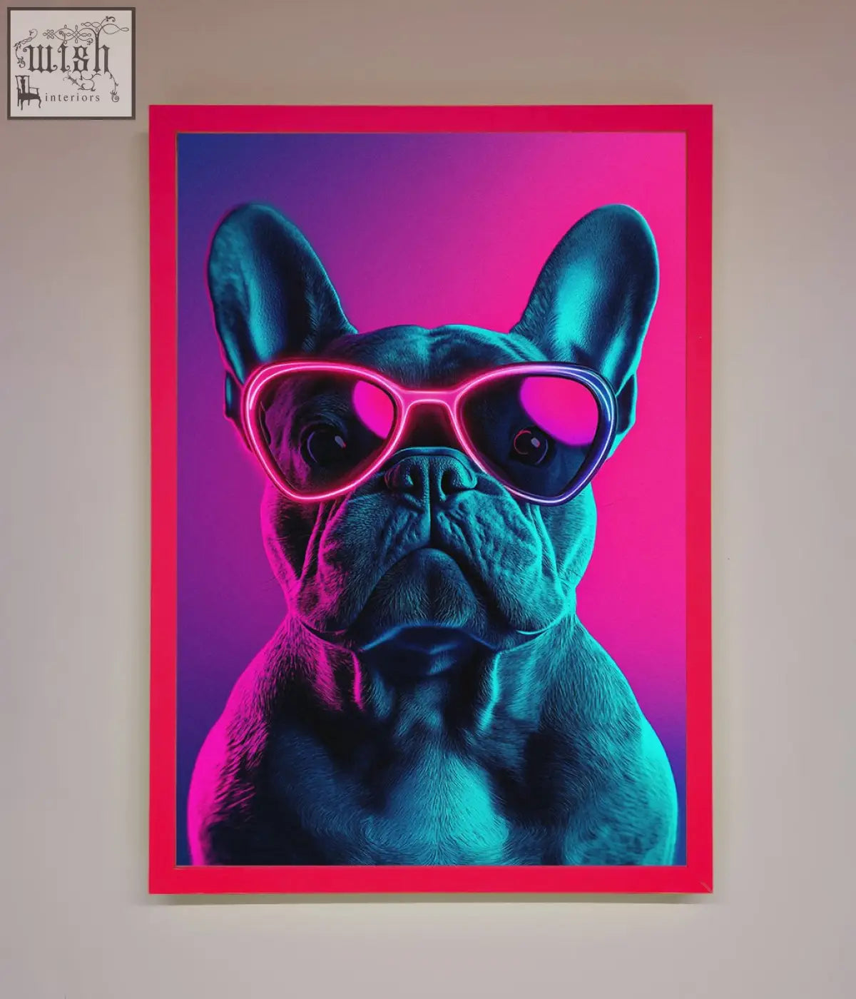Neon french bulldog framed wall art featuring a vibrant portrait with pink sunglasses on a purple magenta background
