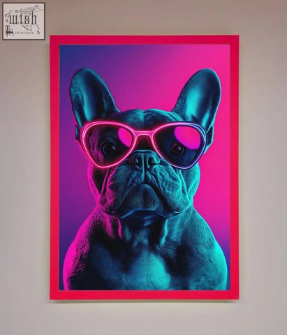 Neon french bulldog framed wall art featuring a vibrant portrait with pink sunglasses on a purple magenta background
