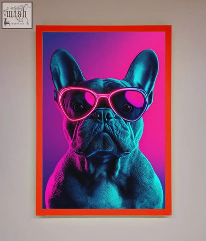 Neon french bulldog framed wall art with vibrant blue and teal french bulldog wearing pink heart sunglasses on purple background