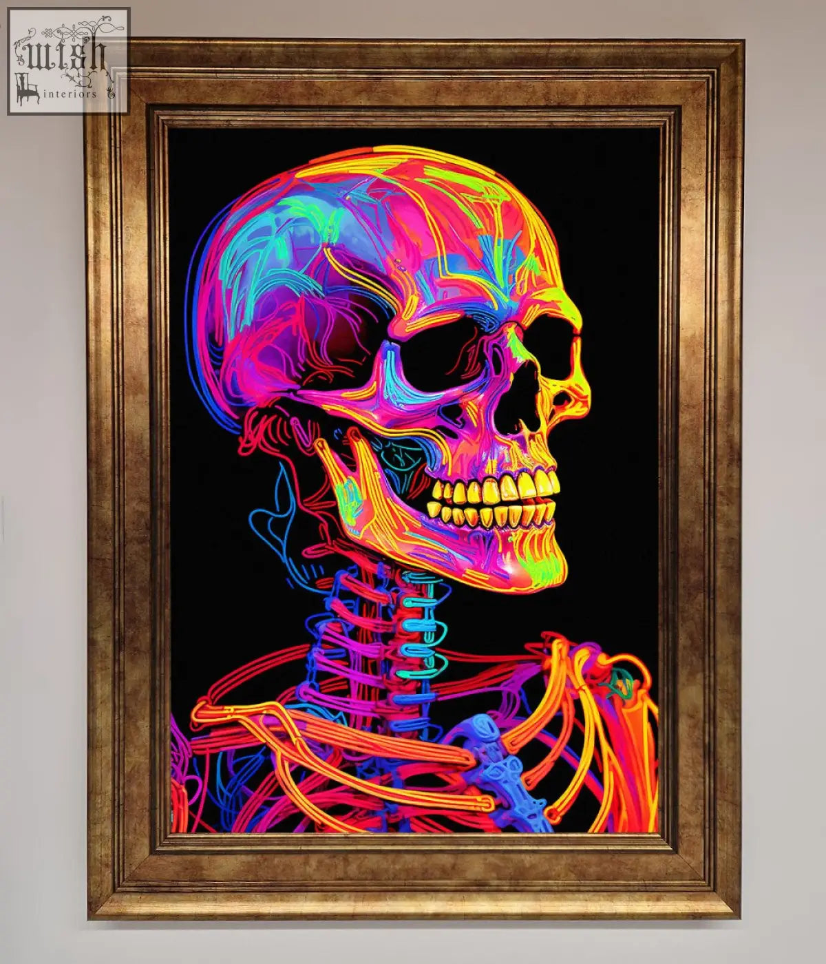 A neon on black skeleton framed poster featuring vibrant neon-colored skull artwork in a gold-toned skeleton framed design
