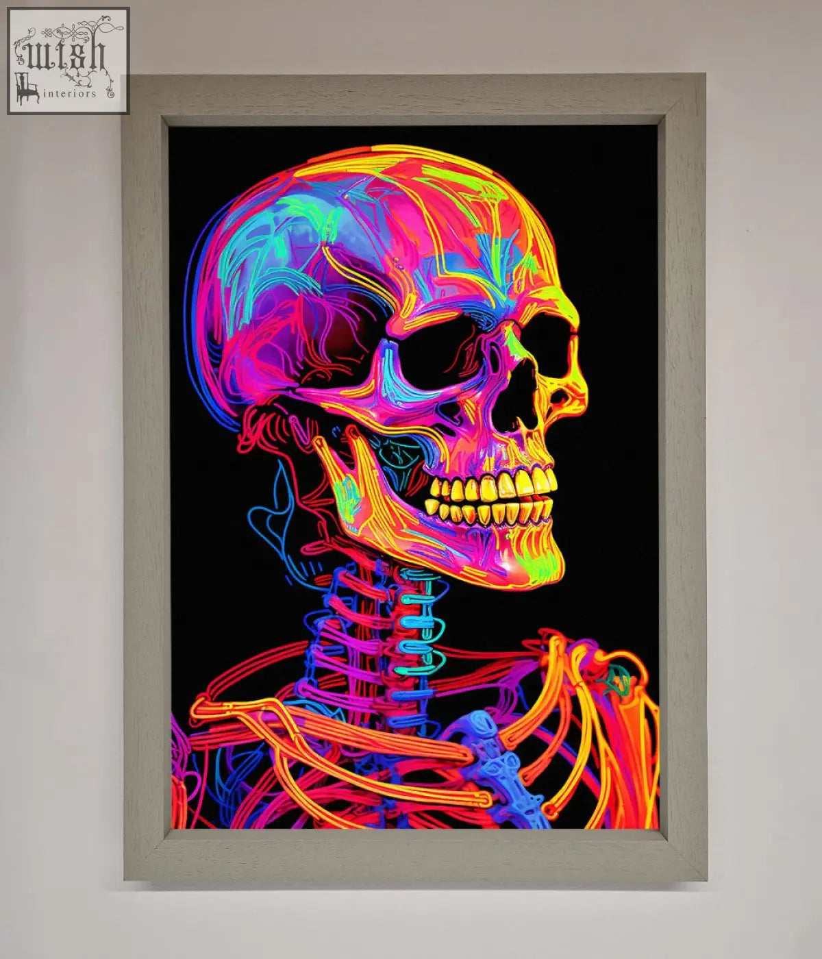 A neon-colored black skeleton framed poster featuring vibrant skull and skeleton artwork in a light gray frame