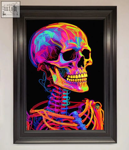Neon on black skeleton framed poster featuring a vibrant neon-colored skull and skeleton in a sleek black frame