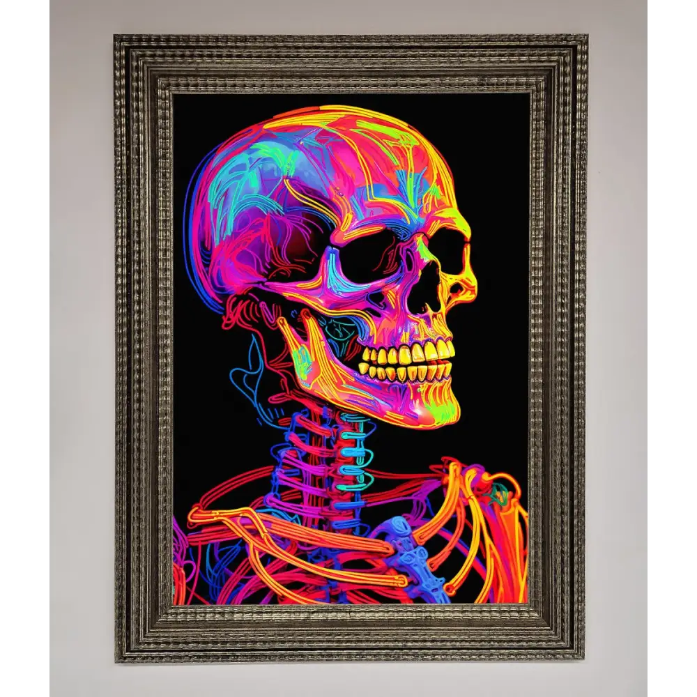 Neon On Black Skeleton Framed Poster - A3 (29.7 x 42 cm) / Ornate Silver - Framed Print