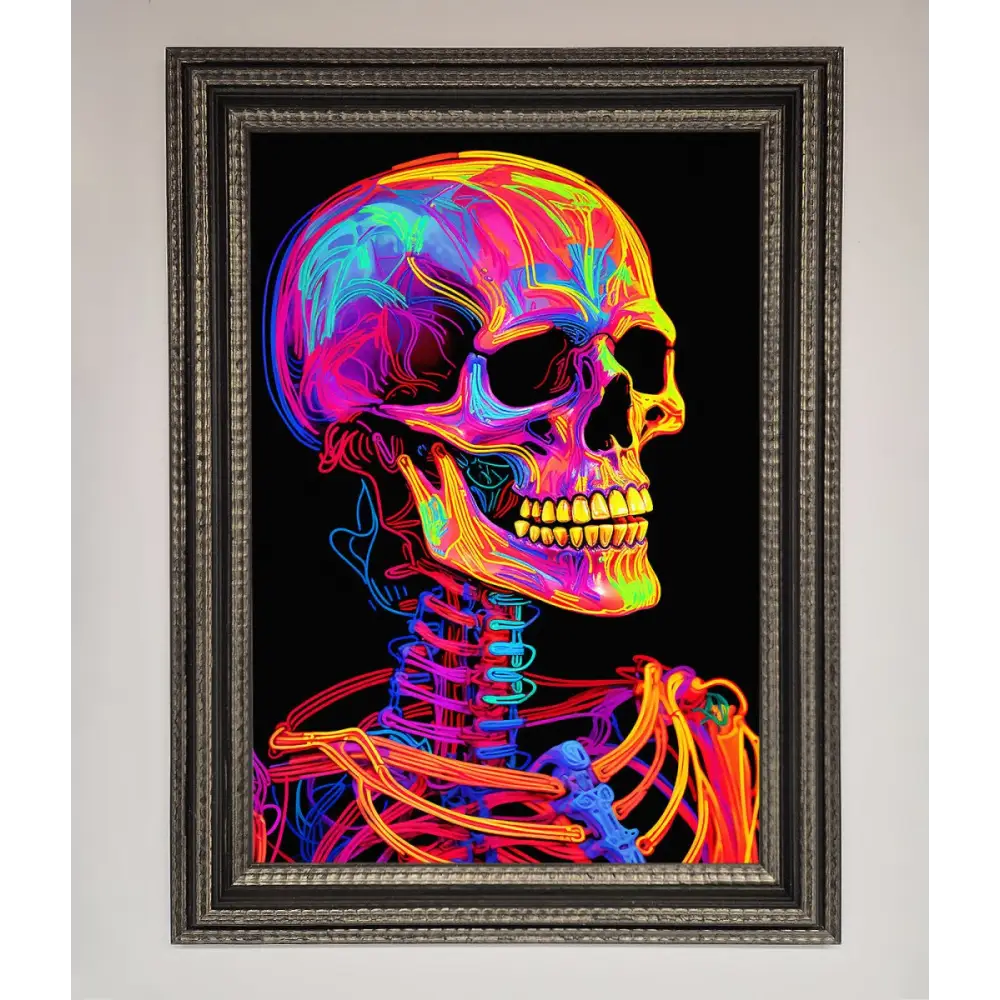 Neon On Black Skeleton Framed Poster - A3 (29.7 x 42 cm) / Ornate Silver Black - Framed Print
