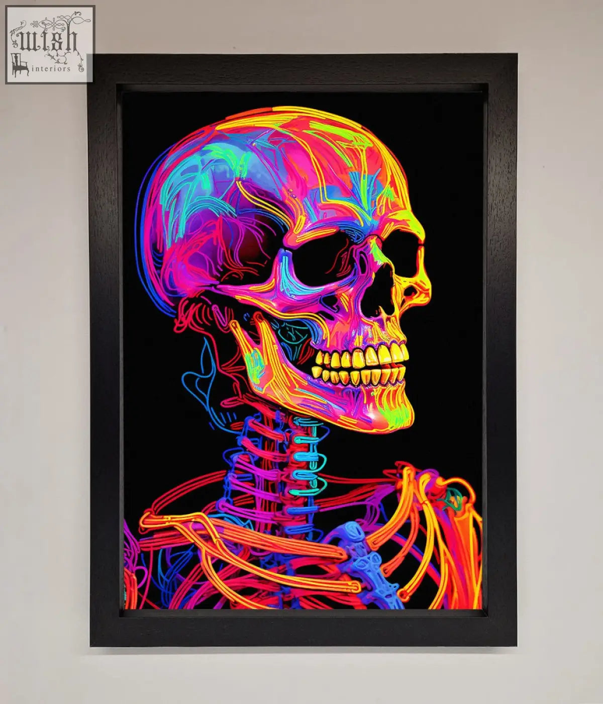 A neon on black skeleton framed poster featuring a vibrant neon-colored skull and skeleton in a sleek black frame