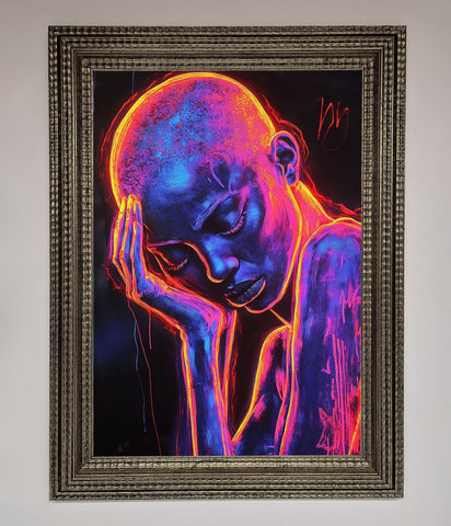 Neon Woman Hands In Head Framed Print