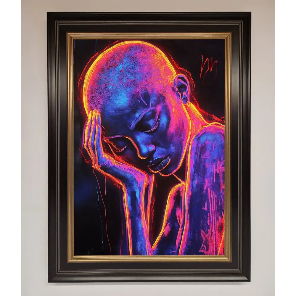 Neon Woman Hands In Head Framed Print - A3 (29.7 x 42 cm) / Black Gold - Framed Print