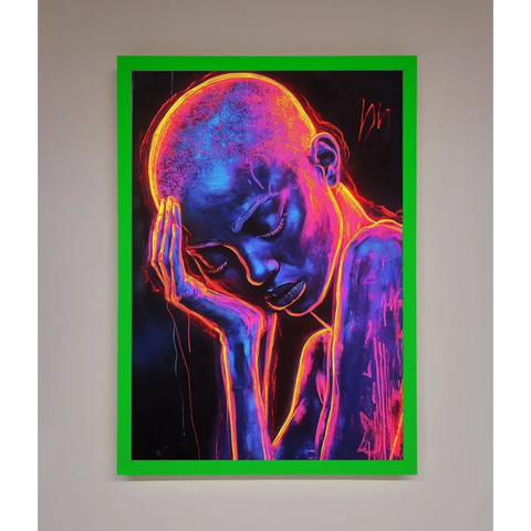 Neon Woman Hands In Head Framed Print - A3 (29.7 x 42 cm) / Neon Dark Green - Framed Print
