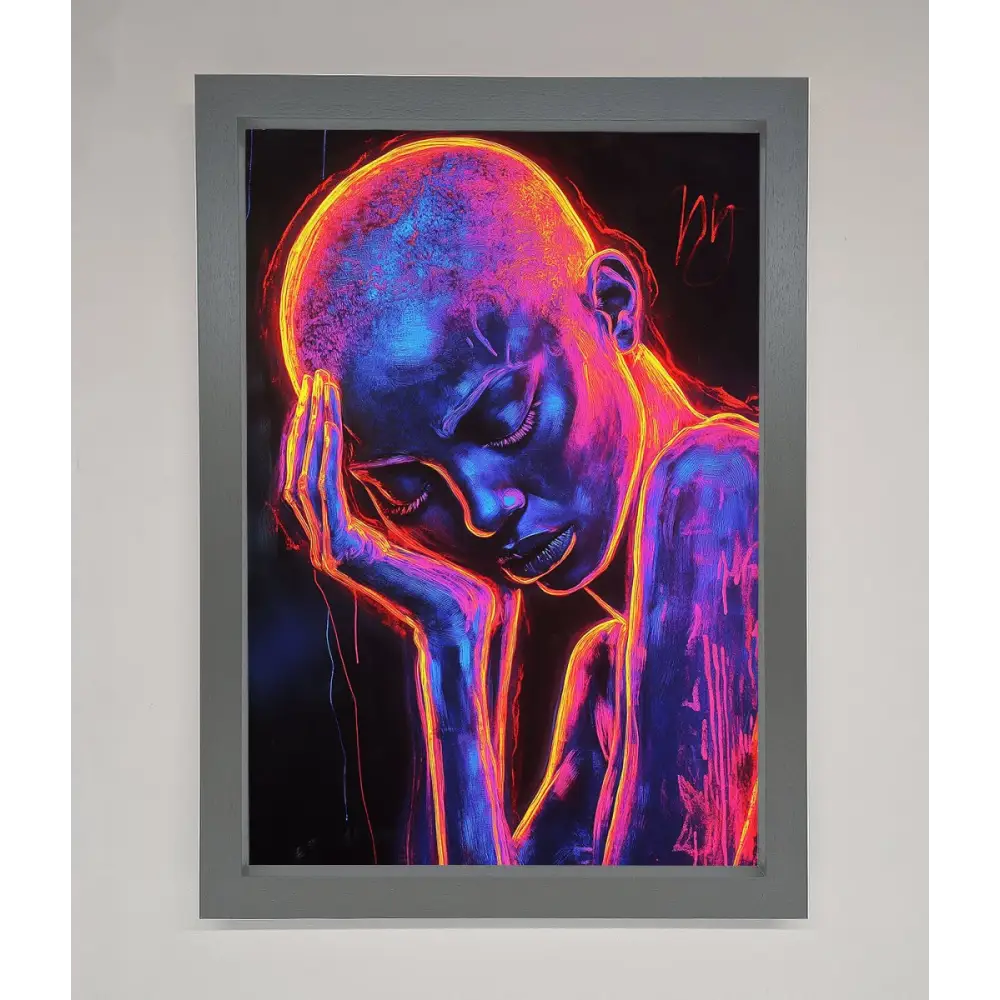 Neon Woman Hands In Head Framed Print - A3 (29.7 x 42 cm) / Dark Grey - Framed Print