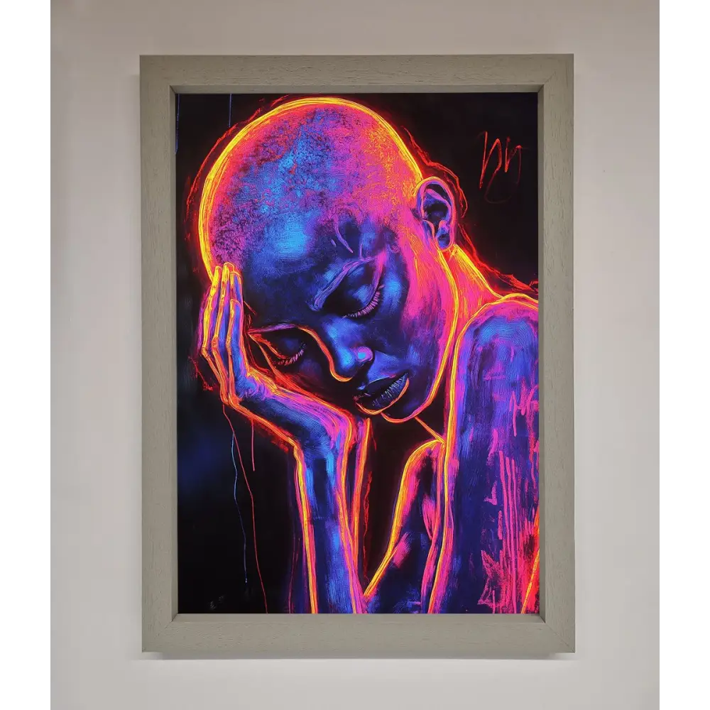 Neon Woman Hands In Head Framed Print - A3 (29.7 x 42 cm) / Grey - Framed Print