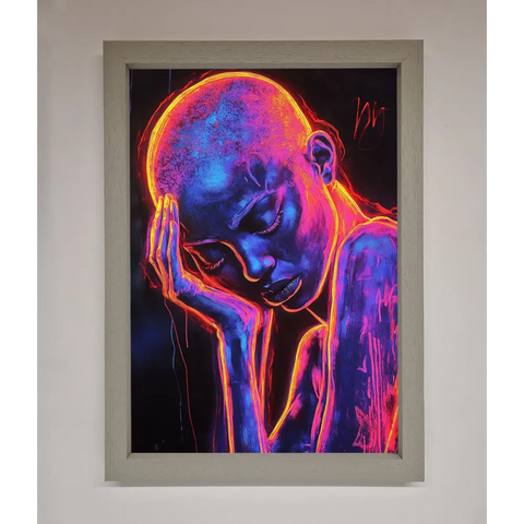 Neon Woman Hands In Head Framed Print - A3 (29.7 x 42 cm) / Grey - Framed Print