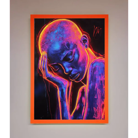 Neon Woman Hands In Head Framed Print - A3 (29.7 x 42 cm) / Neon Orange - Framed Print