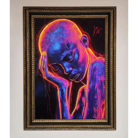 Neon Woman Hands In Head Framed Print - A3 (29.7 x 42 cm) / Ornate Gold Black - Framed Print