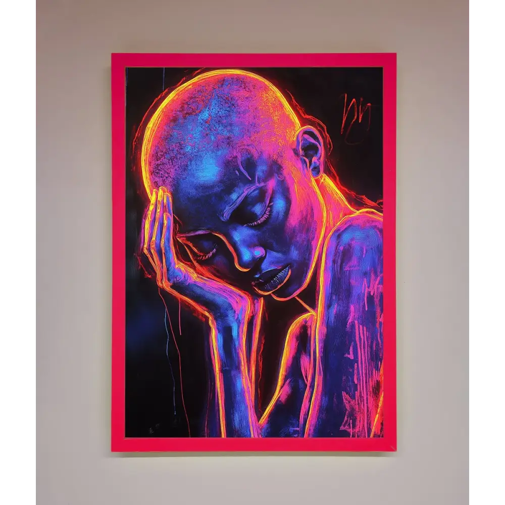 Neon Woman Hands In Head Framed Print - A3 (29.7 x 42 cm) / Neon Pink - Framed Print