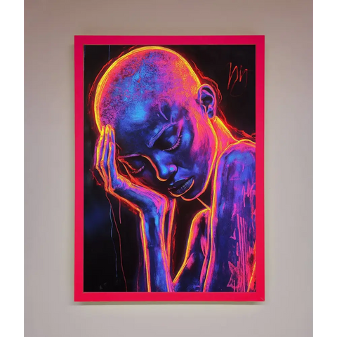 Neon Woman Hands In Head Framed Print - A3 (29.7 x 42 cm) / Neon Pink - Framed Print