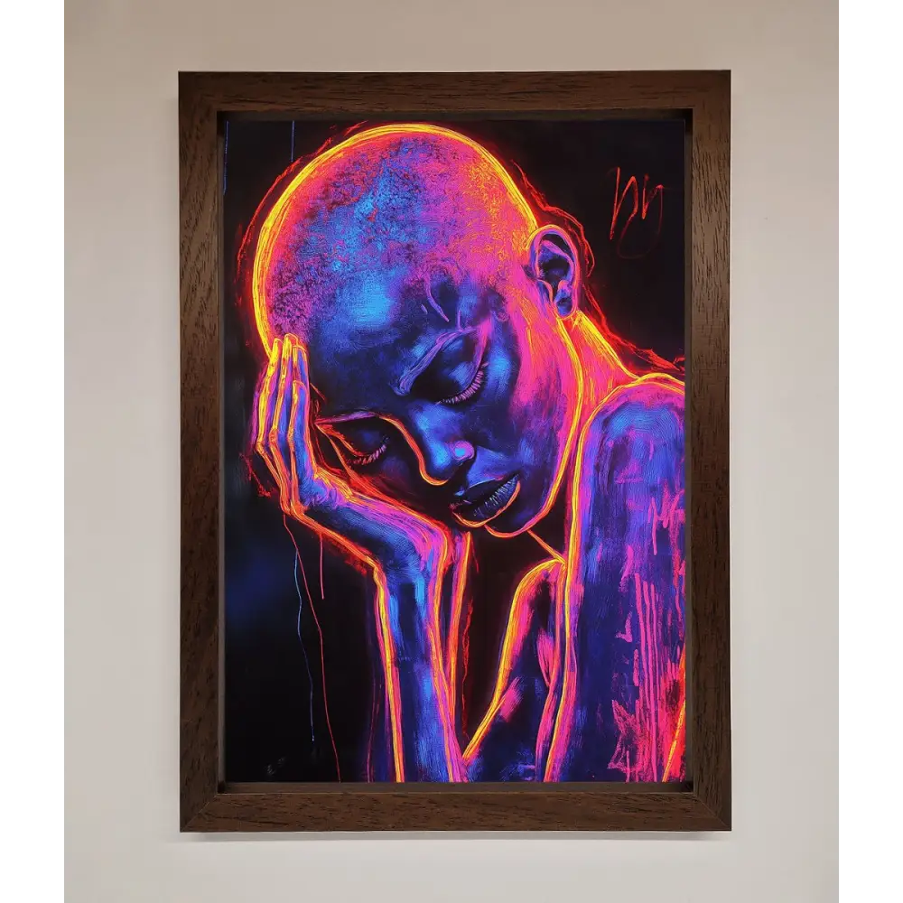 Neon Woman Hands In Head Framed Print - A3 (29.7 x 42 cm) / Walnut - Framed Print