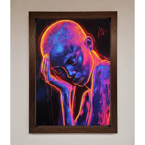Neon Woman Hands In Head Framed Print - A3 (29.7 x 42 cm) / Walnut - Framed Print